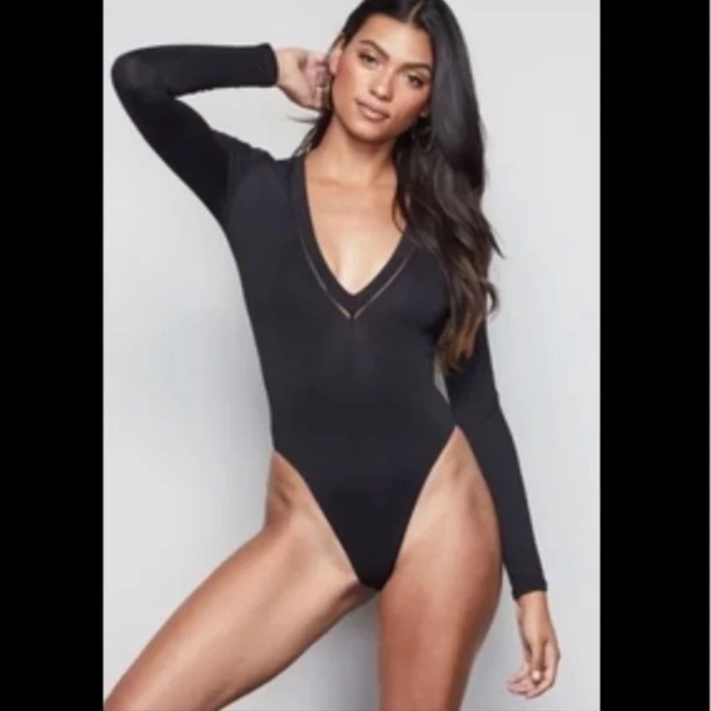 GOOD AMERICAN Deep V-Neck Long Sleeve Bodysuit in Black: Sz 2 (M)